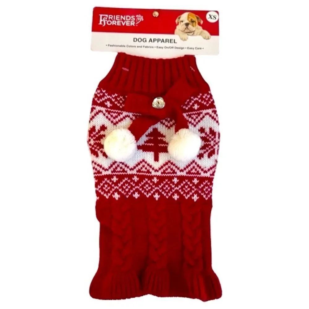 Friends Forever Knit Pet Holiday Tree Red & White Ugly Sweater with Poms XS NWT